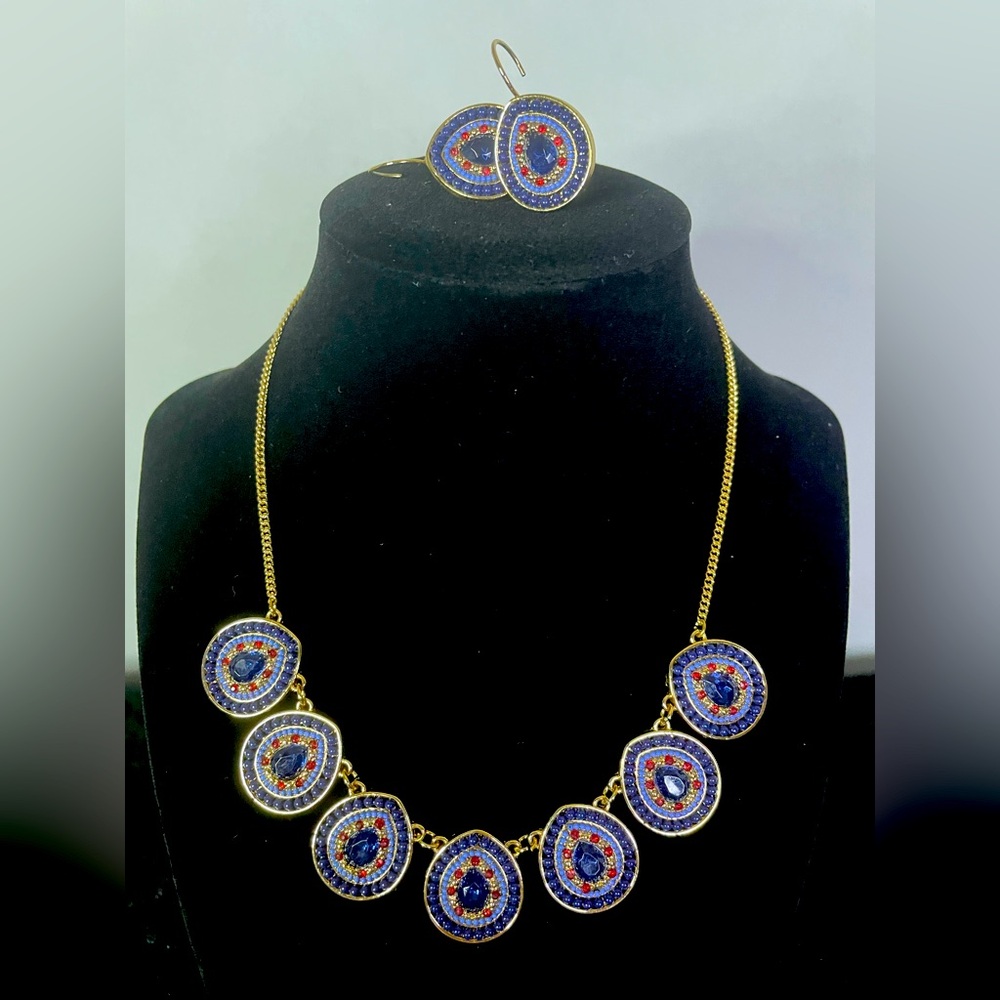 Blue Teardrop Necklace & Earring Set Blue Red Beads / Stones Gold-Tone NWOT